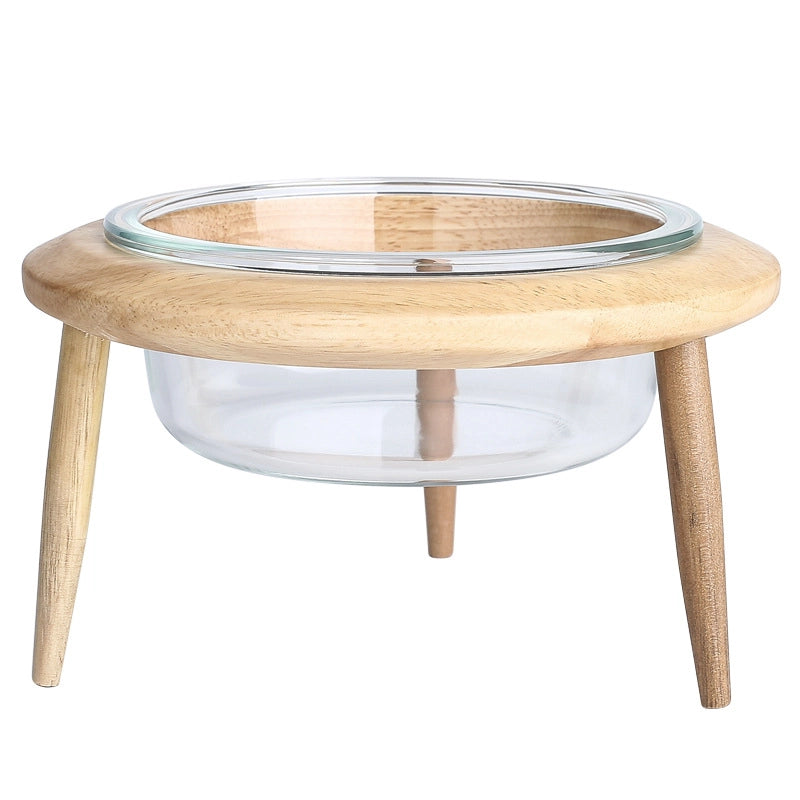 Glass Cat Bowl High Foot Protection Cervical Spine Cat Food Bowl Cat Dog Cat Basin Drinking Water Bowl Pet Ceramic Bowl Solid Wood Rack