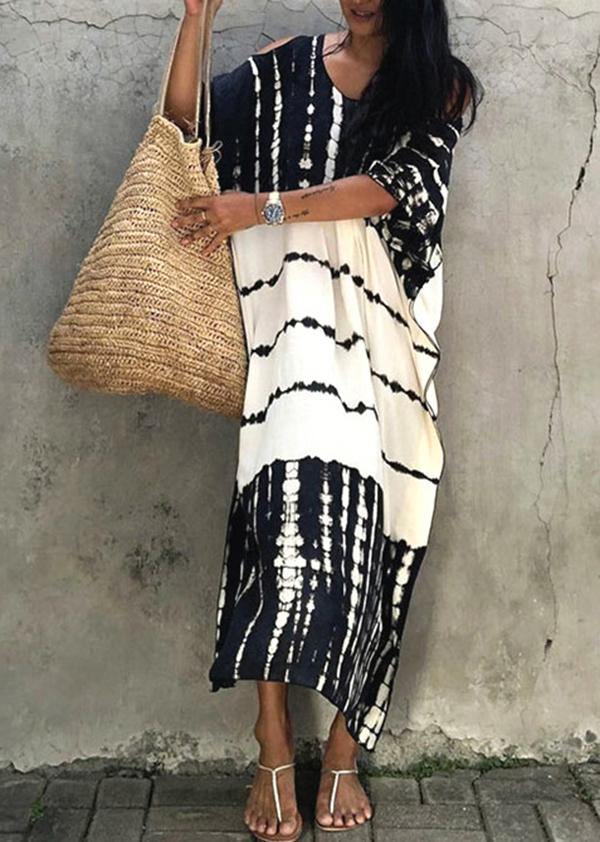 French Black White Tie Dye Cold Shoulder kimono Robe  Cotton Dress