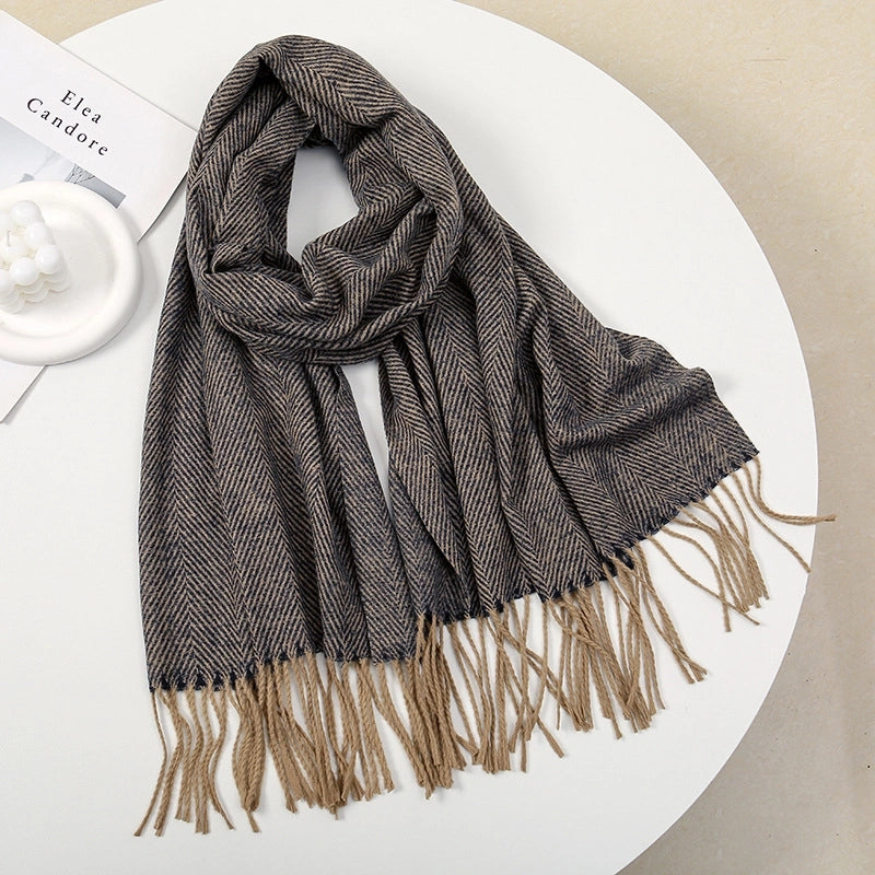 New Autumn And Winter Striped Tassel Artificial Cashmere Scarf Women's Fashion Simple Thick Warm Commuter's All-Matching Shawl