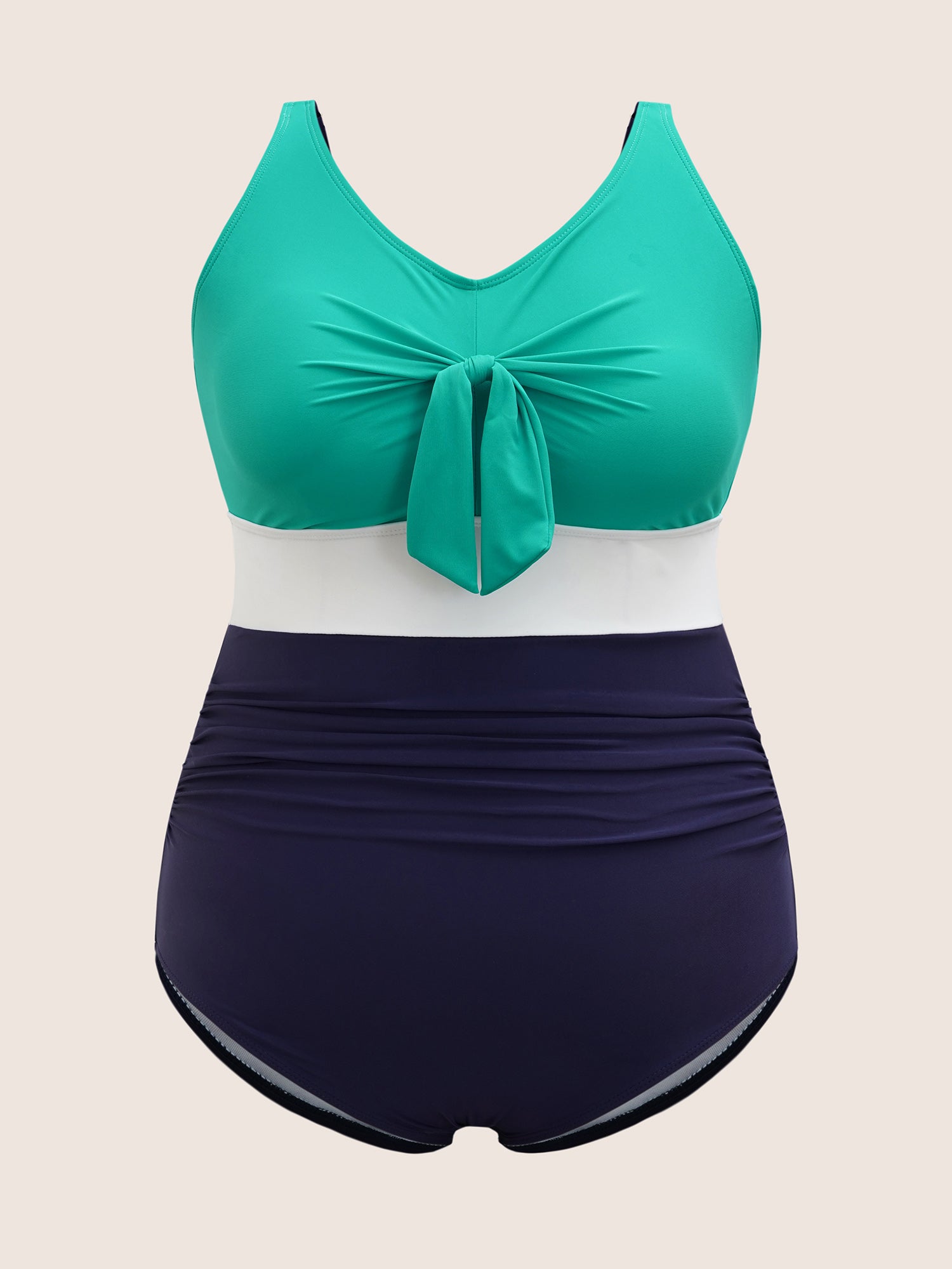 Contrast Patchwork Tie Knot Gathered One Piece Swimsuit