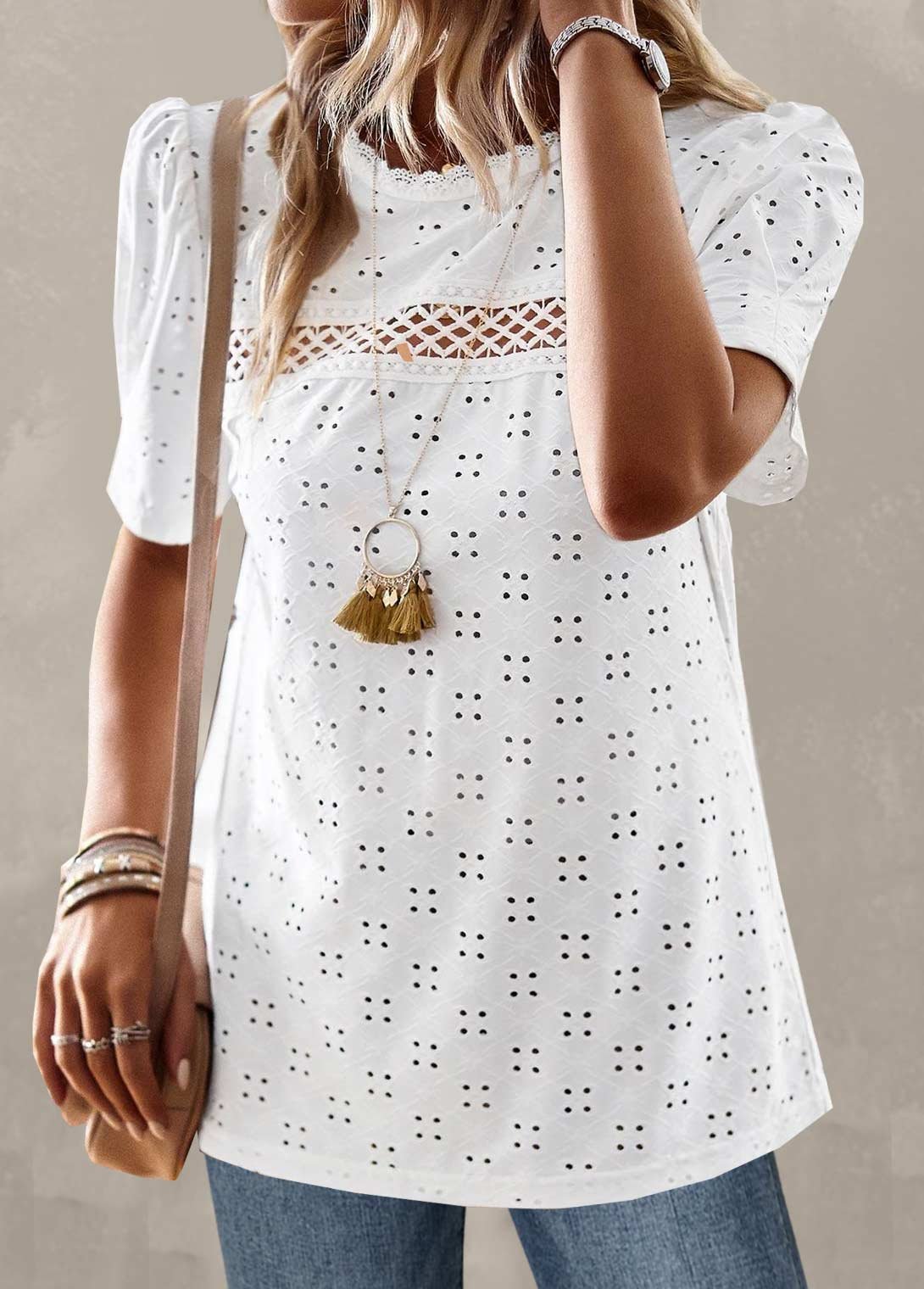 Women's Patchwork White Round Neck T Shirt