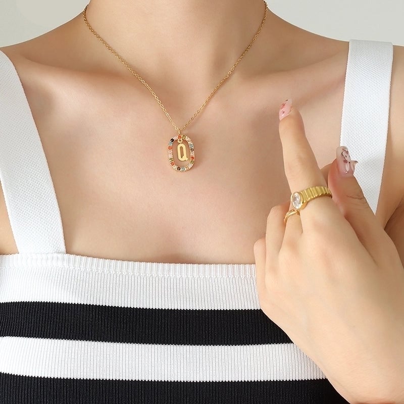 INS Style Letter Oval Titanium Steel Zircon 18K Gold Plated Inlay Necklace