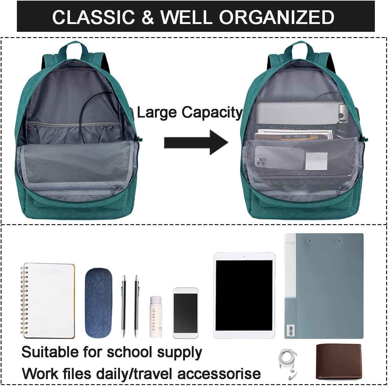 SUPACOOL Casual Laptop Backpack for Men and Women, School Backpack for Boys and Girls, College Bookbag, USB Charging Port, Lightweight Back Pack(Black)