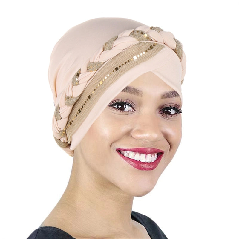 New Sequined Braid Hat Fashion Headscarf Hat Women's Travel Pullover Hat