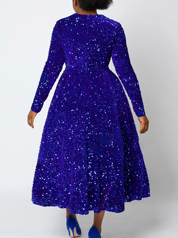 A-Line High Waisted Sequined Split-Joint Zipper Round-Neck Maxi Dresses