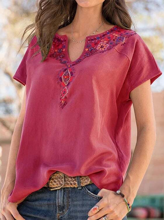 Boho Short Sleeve Embroidered V Neck Shirts Tops