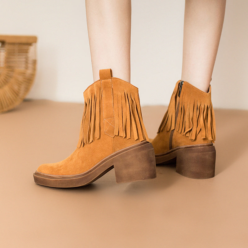 Western R Toe Cowgirl Boots With Tassels Handmade Suede Ankle Boots in Black/Brown