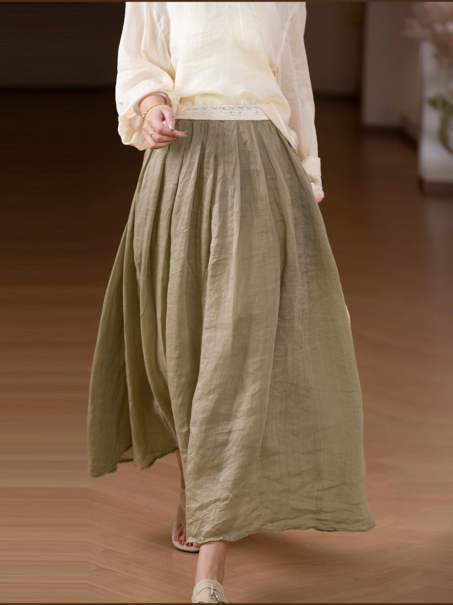 Women Summer Artsy Pure Color A-Shape 100%Ramie Skirt