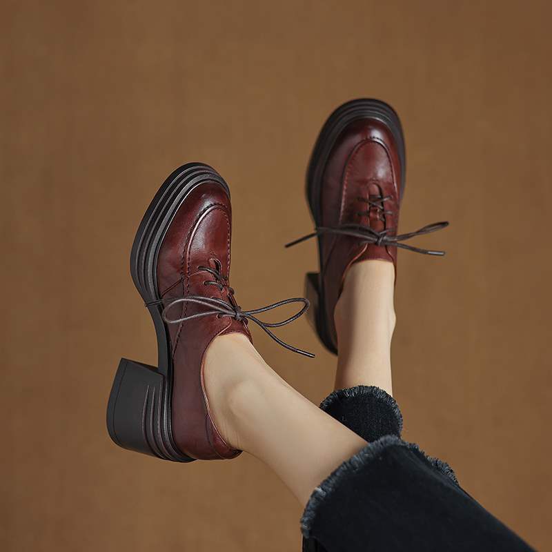 Women Round Toe Lace Up Leather Chunky Derby Shoes 70mm Block Heel in Brown/Black