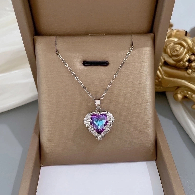 2 Pieces Minimalist Classic Style Geometric Heart Shape Titanium Steel Copper Zircon Pendant Necklace In Bulk