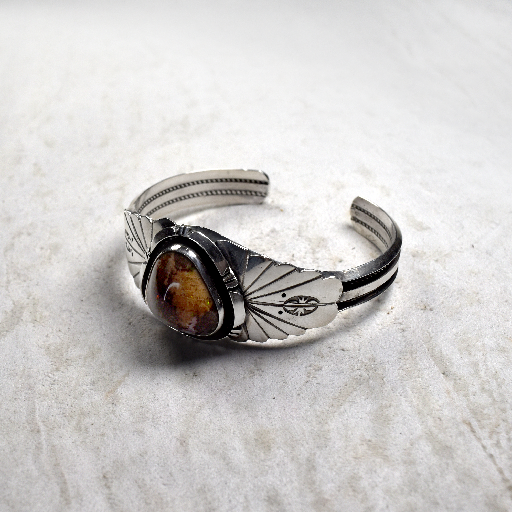 Triangular Nevada Fire Opal Cuff with Hand-Tooled Flourishes