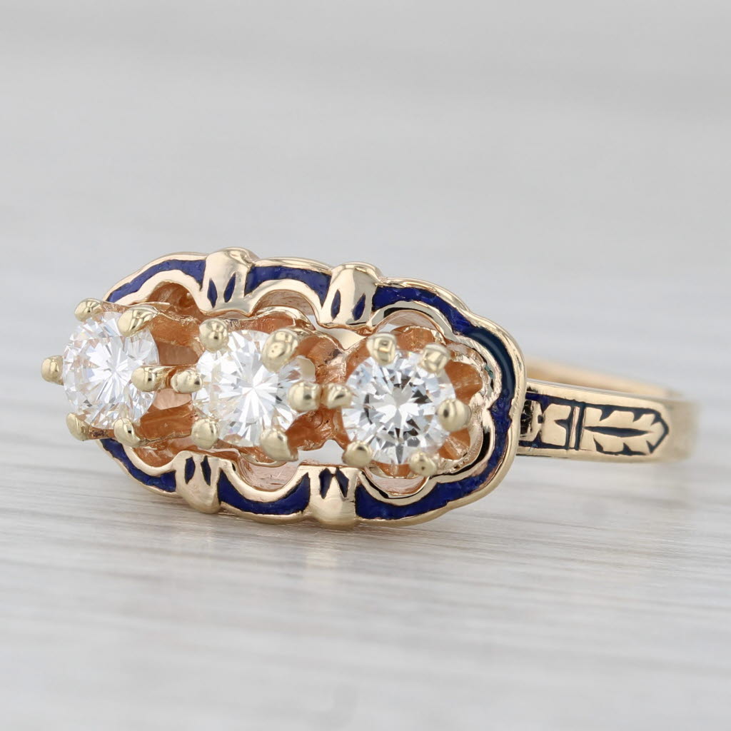 Vintage 0.75ctw Round Brilliant 3-Stone Ring 14k Yellow Gold Enamel