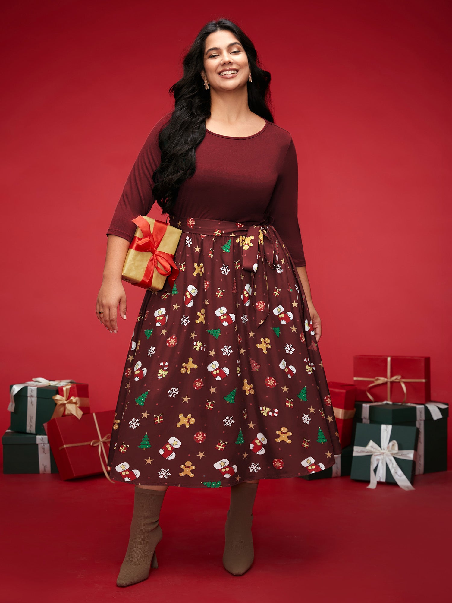 Holiday Everything Printed Skirt Fit-and-Flare Midi Dress