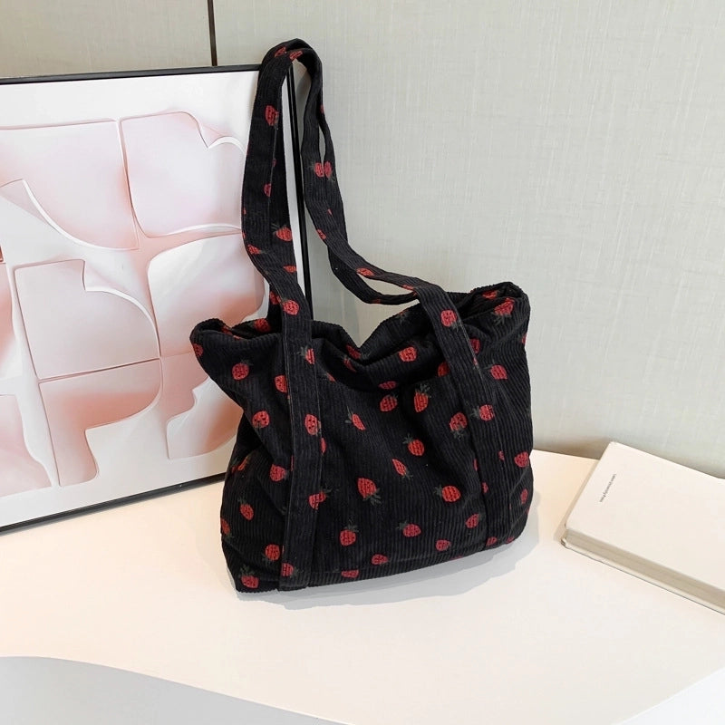 Women's Large Corduroy Strawberry Cute Square Zipper Shoulder Bag