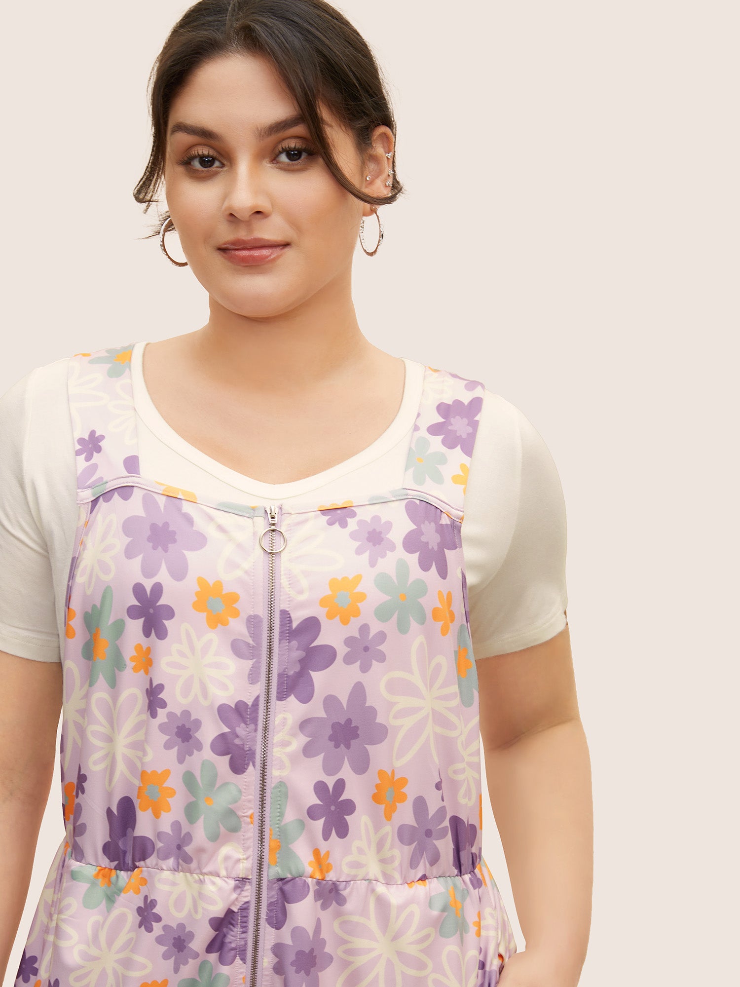 Contrast Floral Zipper Sleeveless Midi Dress