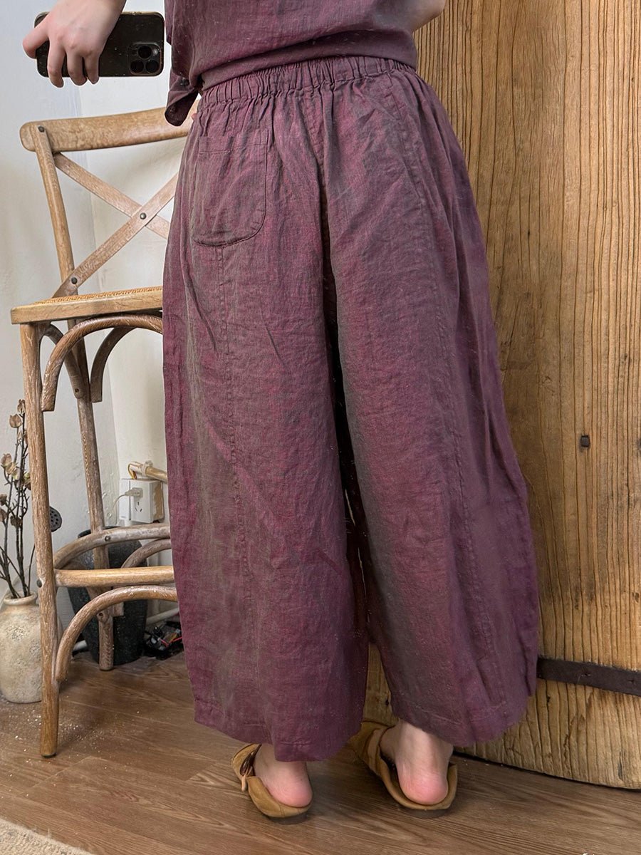 Women Summer Retro Pure Color Linen Wide-leg Shorts