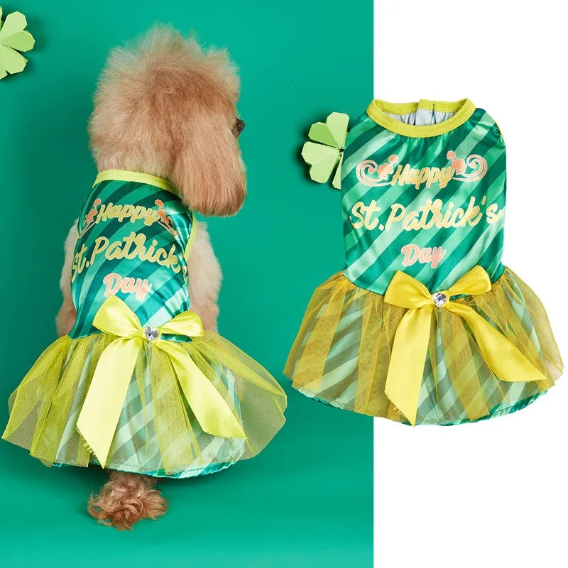Casual Polyester St. Patrick Letter Stripe Bowknot Pet Clothing