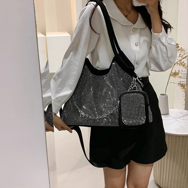 Vintage Style Solid Color Rhinestone Semicircle Zipper Shoulder Bag Tote Bag