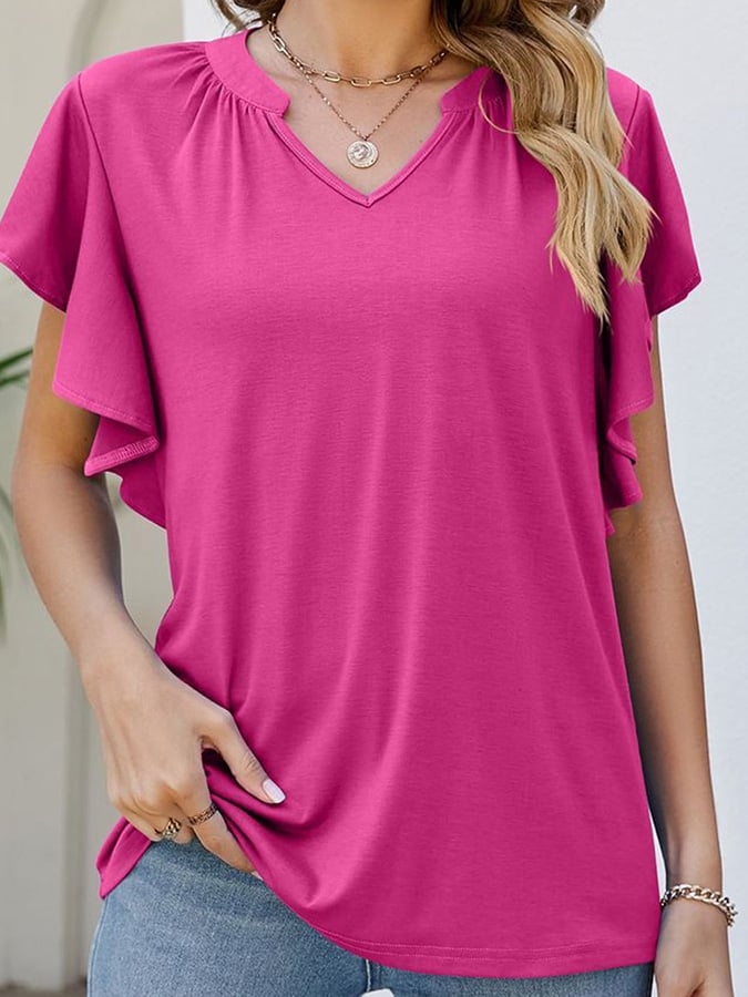 Solid V-neck Ruffled Short Sleeved Casual Top