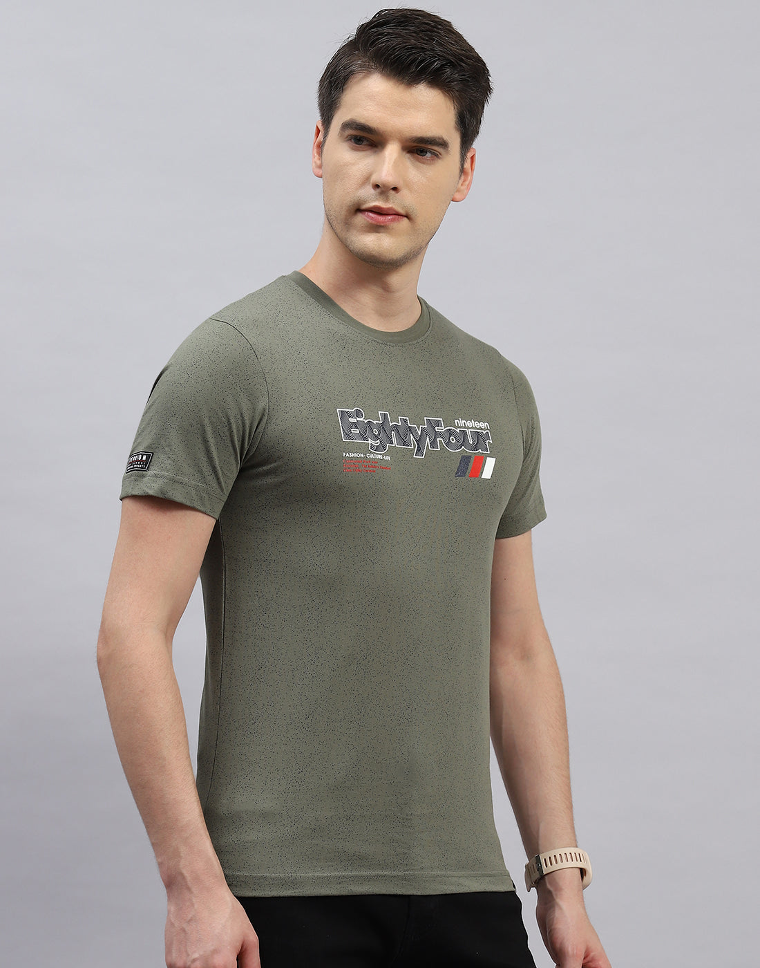 Men Olive Printed Round Neck Half Sleeve T-Shirt
