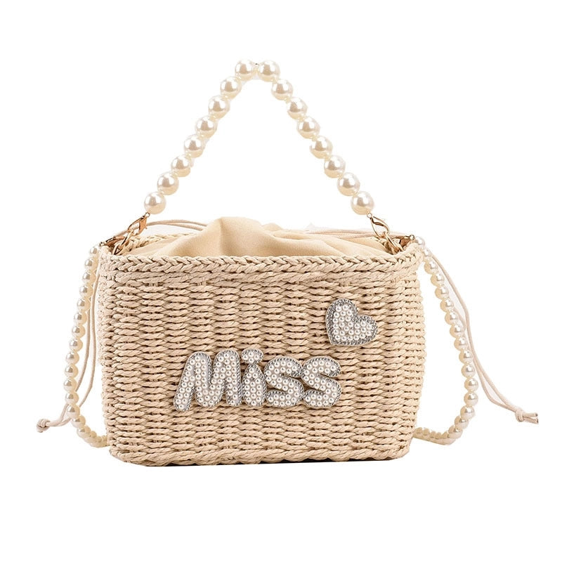 Women's Medium Straw Letter Solid Color Vacation Beach Beading Weave String Straw Bag