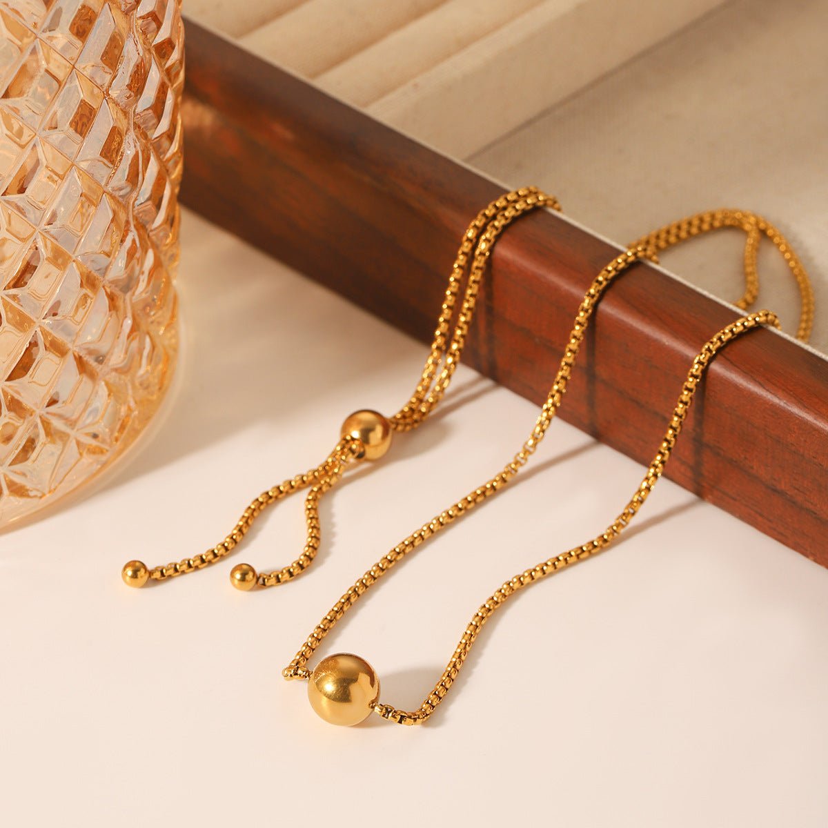 18K Gold Stainless Steel Box Chain Steel Bead Pendant Necklace Ins Style Niche Design Pull-Out Clavicle Chain