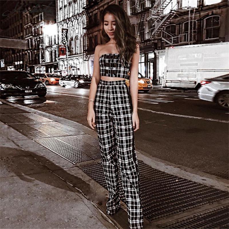 Plaid Two Piece Tube Top Trouser Set