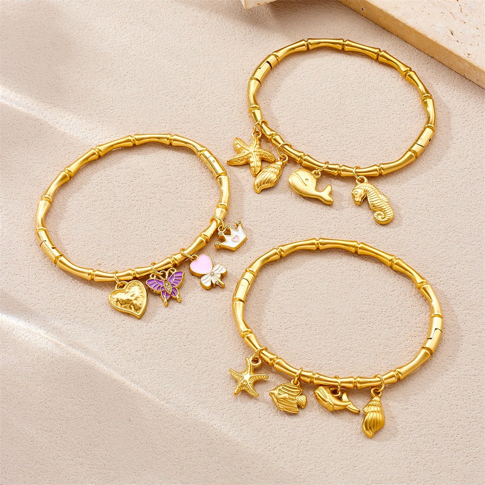 Niche Fashion Gold-Plated Stainless Steel Ocean Style Accessories Tropical Fish Starfish Butterfly Conch Bamboo Bracelet