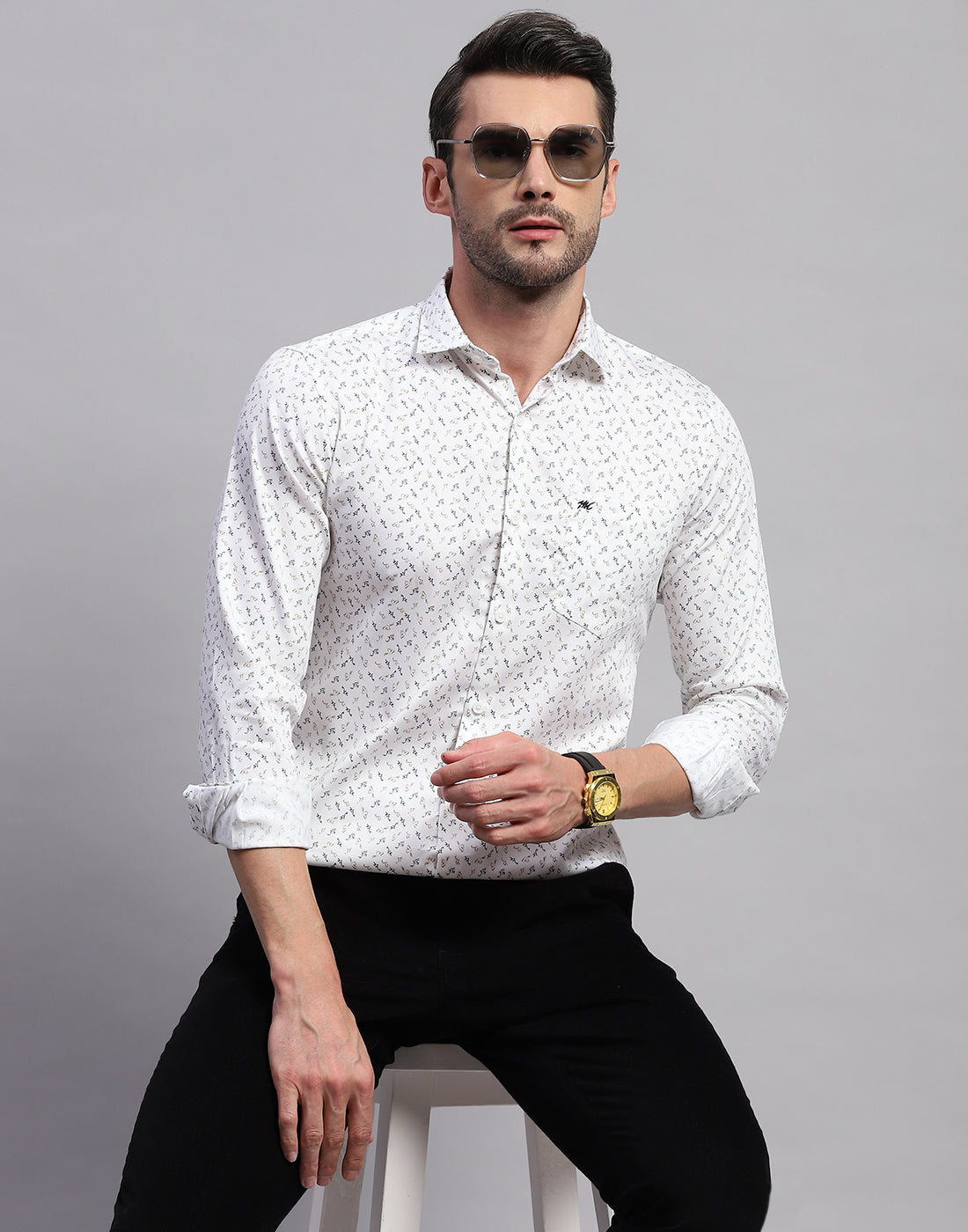 Men White Printed Collar Neck Full Sleeve Shirt