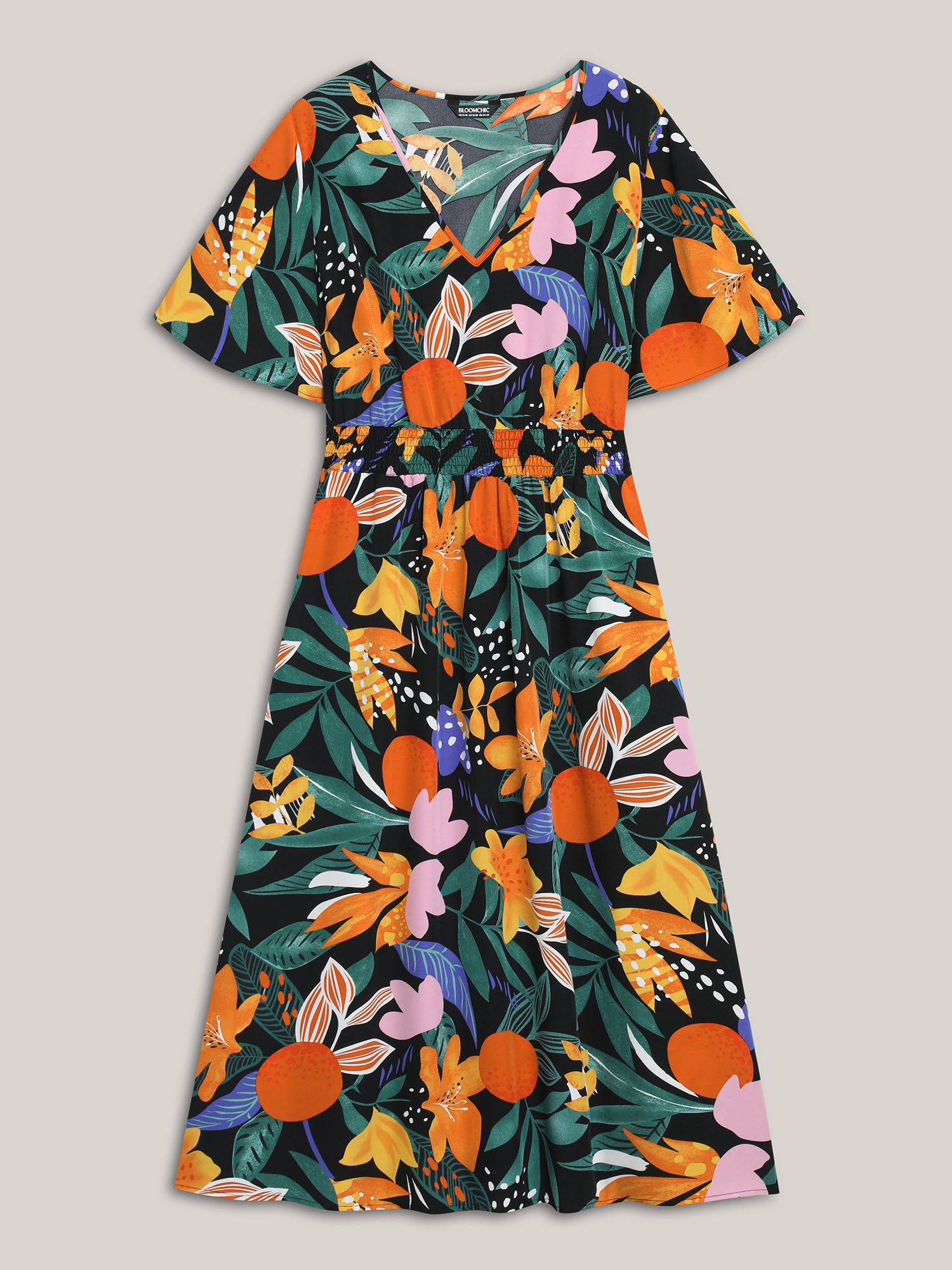 Tropical Floral Print Shirred Pockets Midi Dress