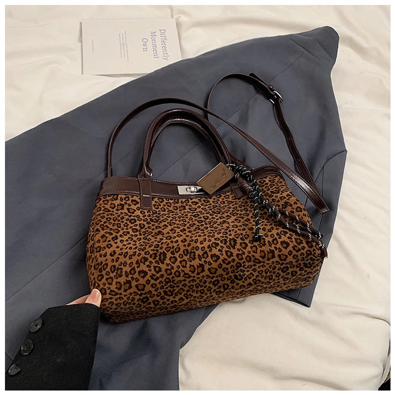 Women's Pu Leather Leopard Classic Style Square Lock Clasp Handbag Tote Bag Crossbody Bag