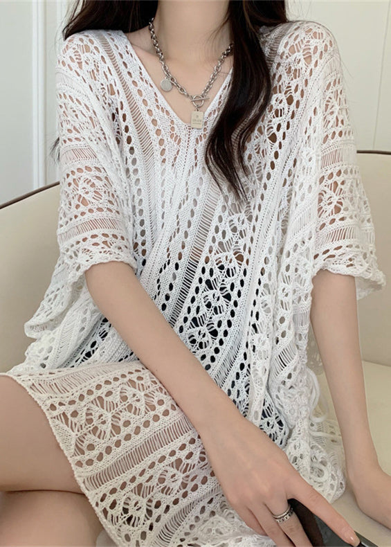 White Patchwork Hollow Out Knit T Shirts Summer