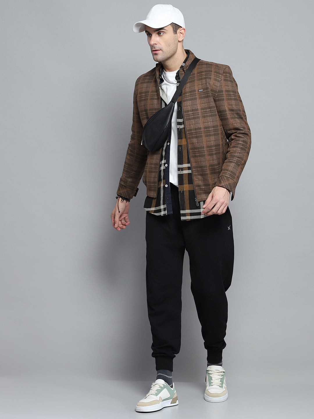 Men Brown Self Design Mock Neck Full Sleeve Jacket