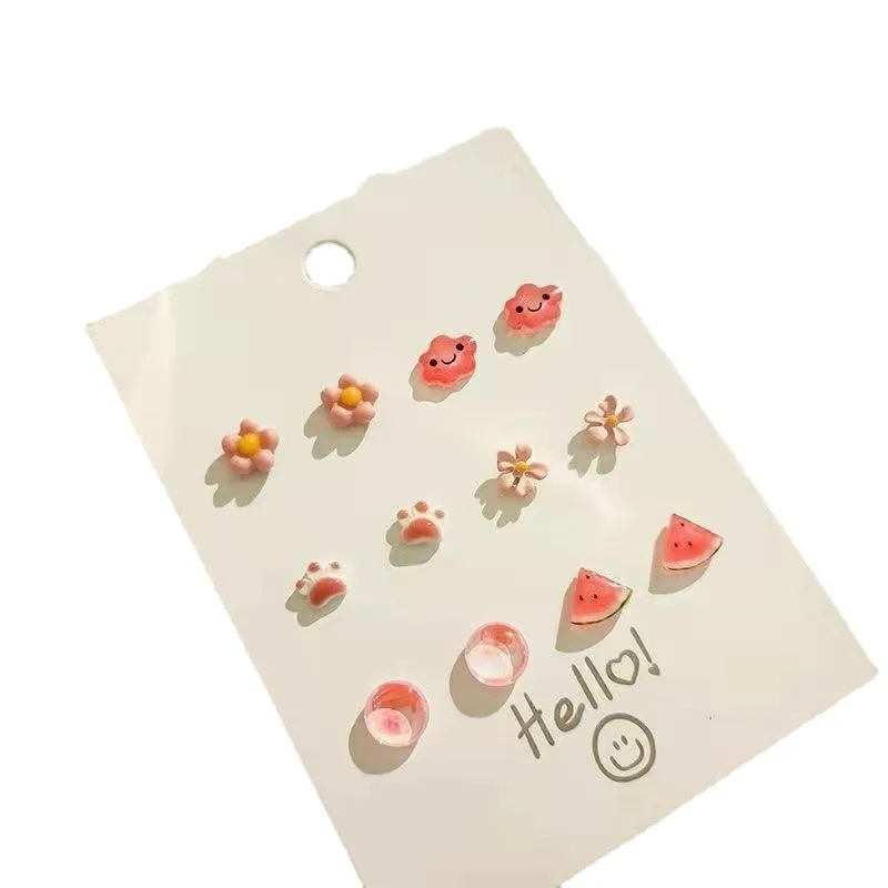 New S925 Candy-colored Silver Needle Ceramic Earrings Set Summer Small Cute Girls Flower Fruit Stud Earrings Set For Women