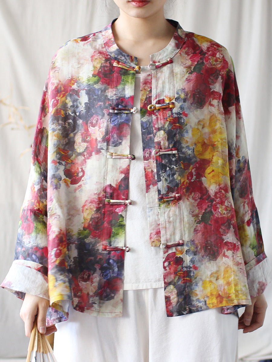 Women Summer Ethnic Flower Ramie Shirt Coat