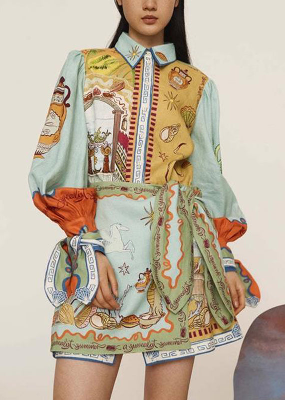 Natural Green Print Two Pieces Set Shirts And Skirts Lantern Sleeve