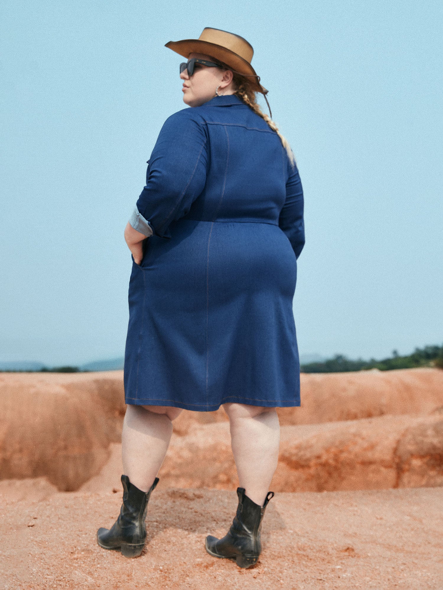 Stretch Denim Chest Flaps Waist Defining Midi Dress