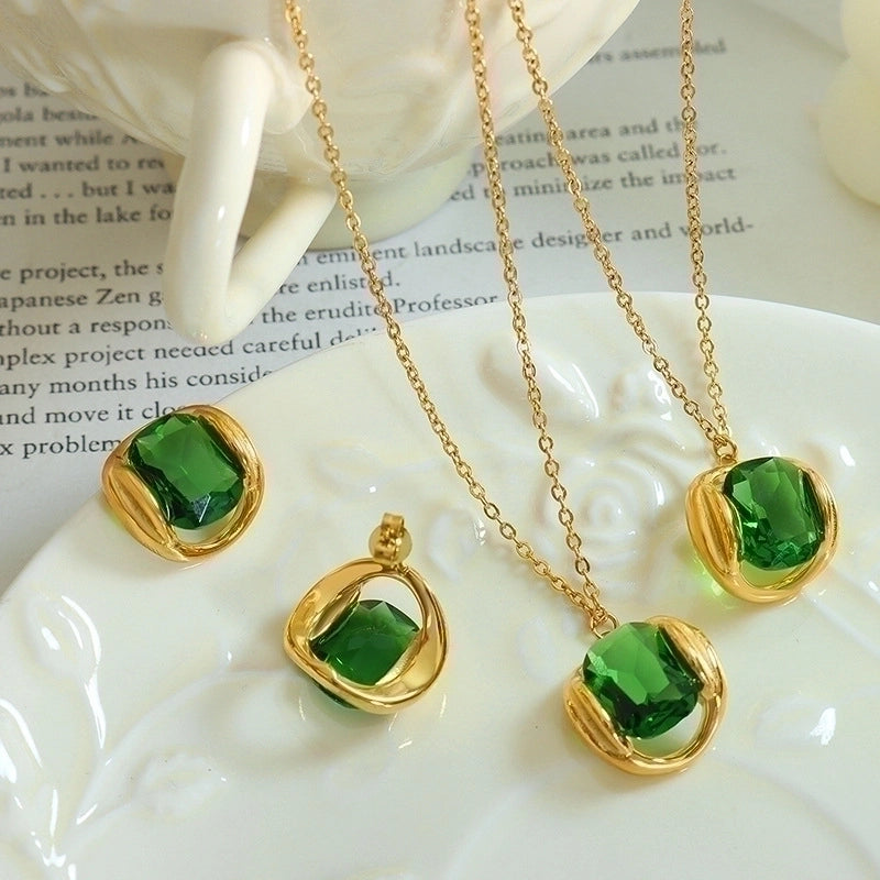 Fashion Square 304 Stainless Steel Artificial Crystal 18K Gold Plated Inlay Earrings Necklace