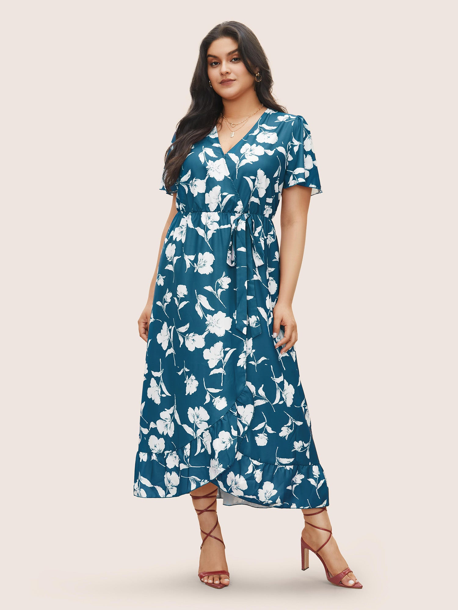 Floral Ruffle Knot Side Wrap Dress