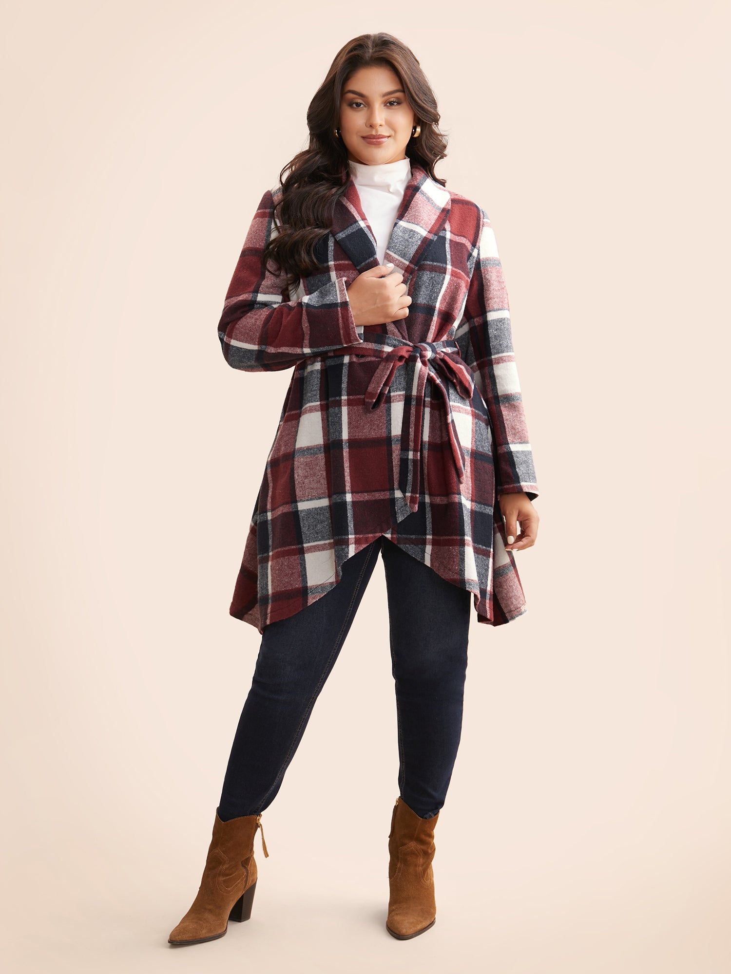 Plaid Asymmetrical Hem Belted Coat