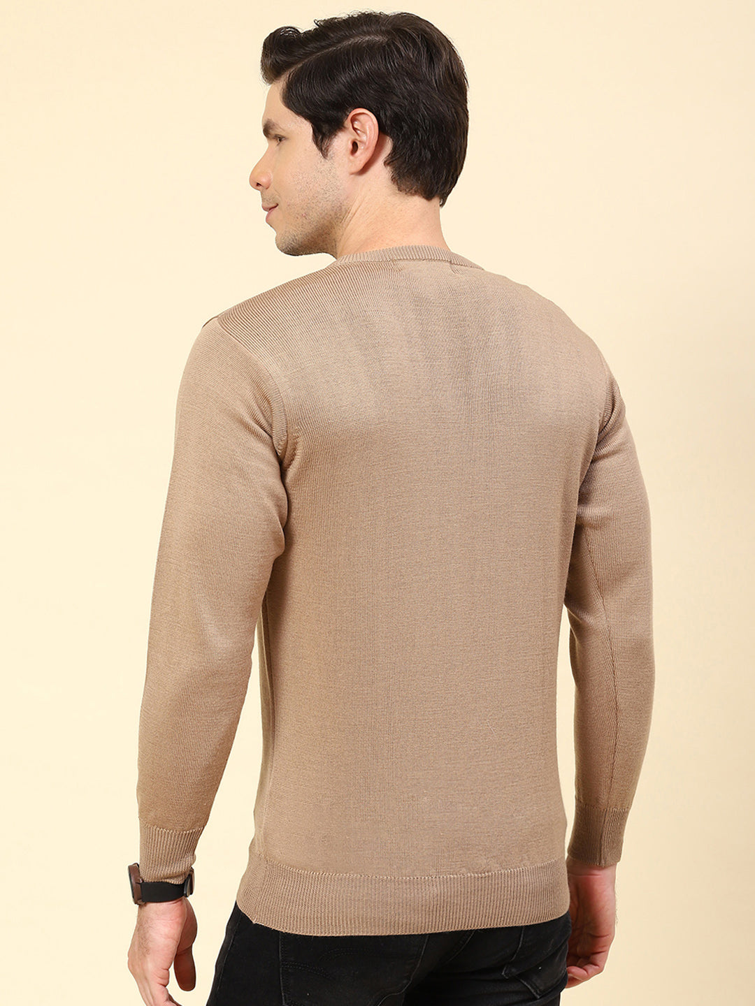 Men Khaki Solid V Neck Full Sleeve Pullover