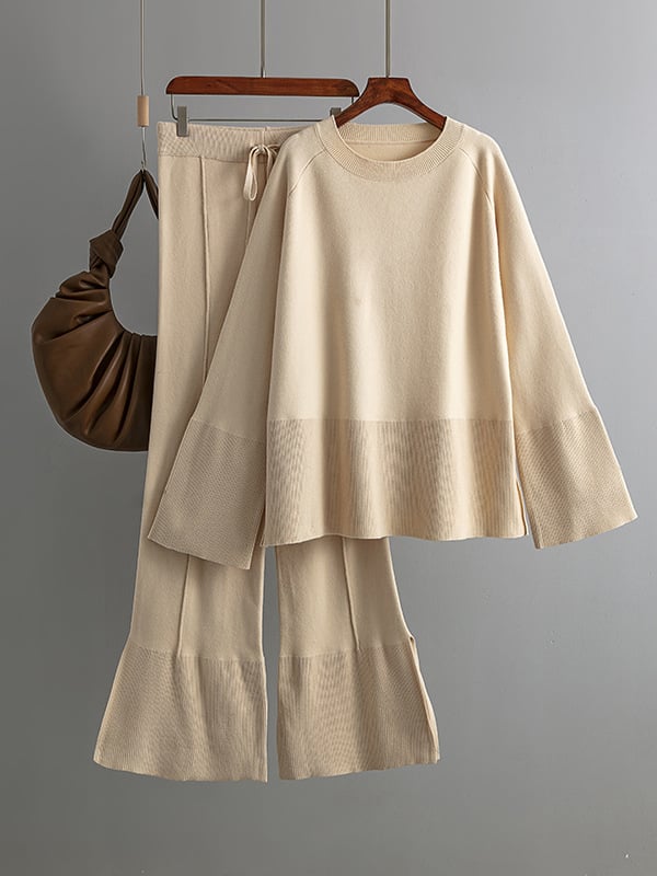 Casual Long Sleeves Loose Solid Color Round-Neck Sweater Tops & Wide Leg Pants Two Pieces Set
