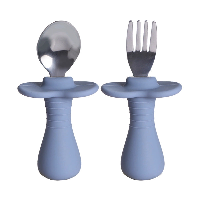 Baby Silicone Fork Spoon Children's Stainless Steel Training Short Fork Spoon Children's Tableware Set Portable Short Handle Fork Spoon