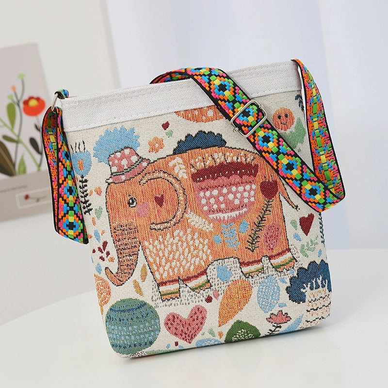 Women's Medium Cotton And Linen Animal Cute Zipper Shoulder Bag