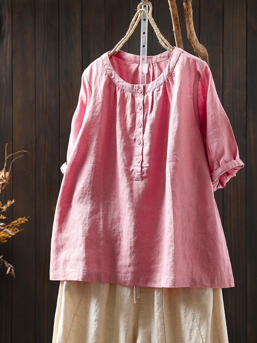 Women Summer Pure Color Button 100%Linen O-Neck Shirt