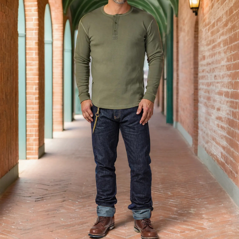 Classic American Cotton Long Sleeve Henley Collar Casual T-shirt