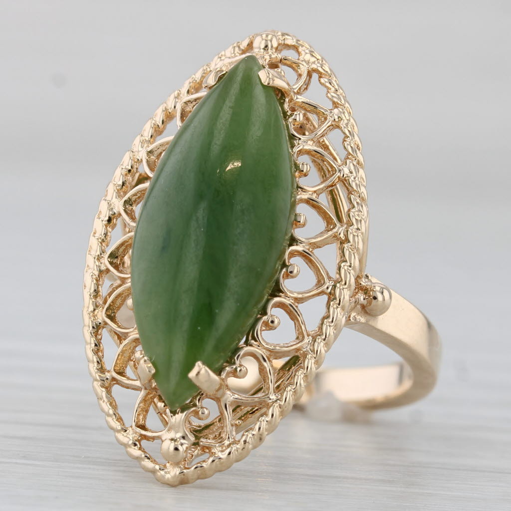 Green Nephrite Jade Navette Cabochon Ring 14k Yellow Gold Size 6.5