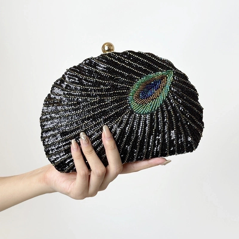 Blue Black Gold Metal Feather Beading Sequins Shell Evening Bags