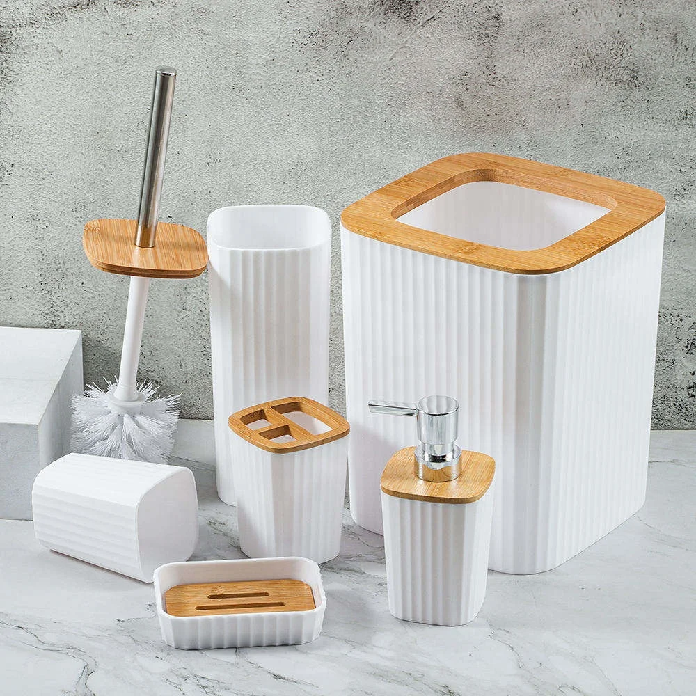 Luxury Bamboo Plastic Toilet Bathroom Set Eco-friendly toothbrush holder Kit Modern Washroom bathroom accessories for the house