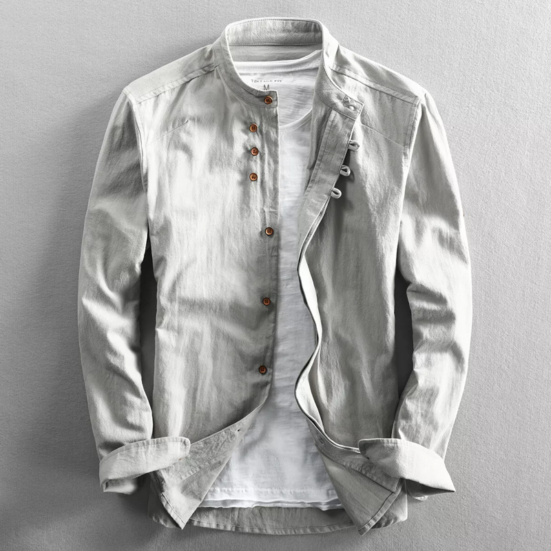Men's Cotton And Linen Long-Sleeved Stand-Up Collar Shirt